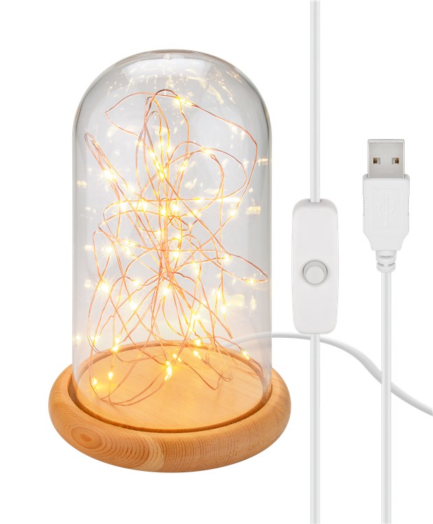 goobay Glasglocke mit LED-Micro-Lichterkette / dekorative Lampe / warmes, beruhigendes Licht / feierliche Beleuchtung für Winterdeko, Weihnachten, Innendekoration / Echtholz, Glas, mit Schalter