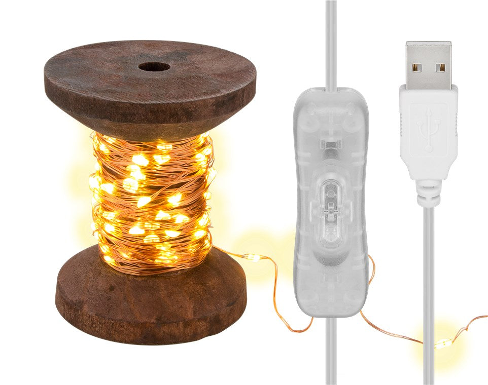 goobay LED-Lichterkette Garnspule, klein / Retro- Dekorationslampe / stilvolle Innendekoration / warmweißes, beruhigendes Licht / Lichterkette abnehmbar / Echtholz