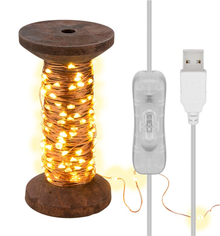 goobay LED-Lichterkette Garnspule, groß / Retro- Dekorationslampe / stilvolle Innendekoration / warmweißes, beruhigendes Licht / Lichterkette abnehmbar / Echtholz