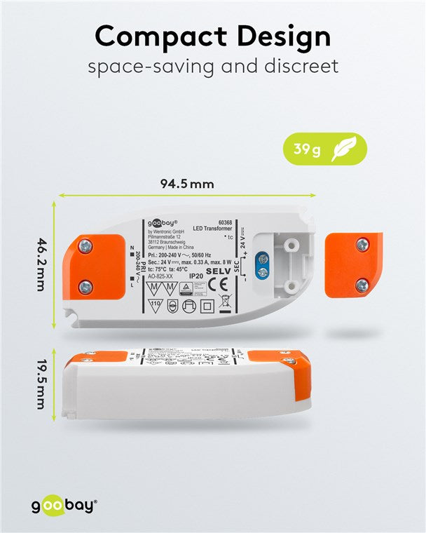 Goobay LED Trafo 230V auf 12V LED Spot 12V Transformator 8W Gesamtlast LED Treiber 12V DC Gleichspannung LED Driver 12V Trafo kein Flackern