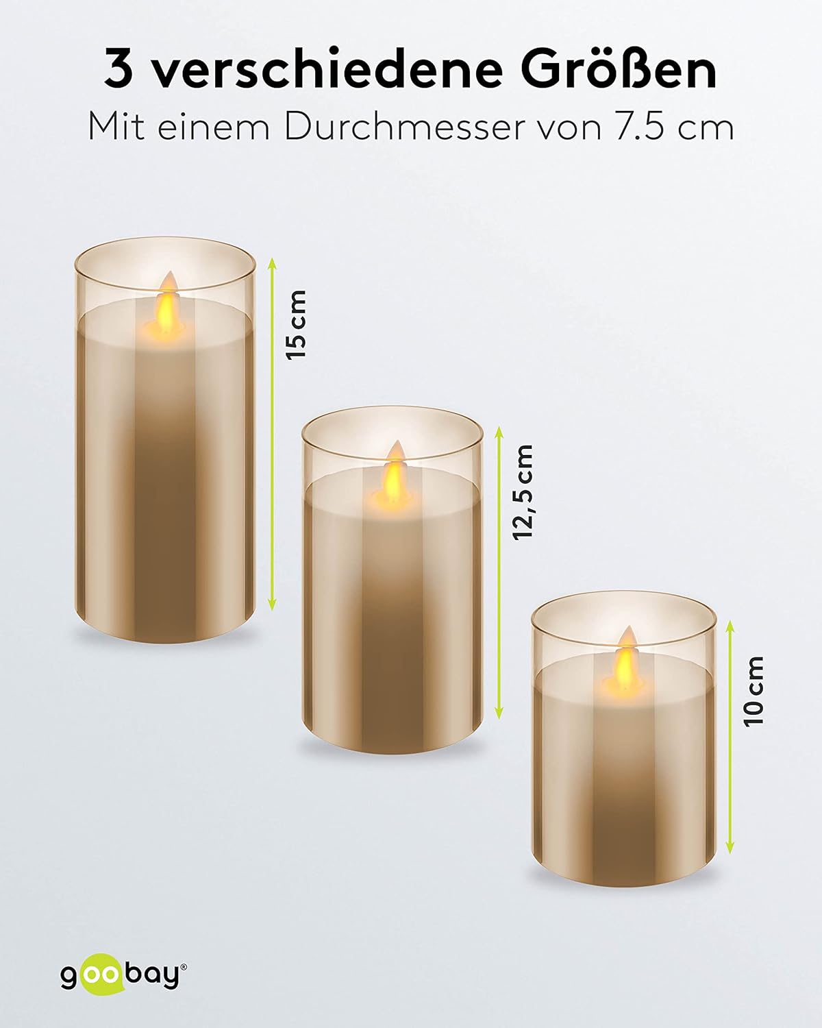 3er-Set LED Echtwachskerzen im Glas (Braun) mit Timerfunktion, Warmweißer Kerzenschein/Bewegliche Flamme / 10, 12,5 & 15cm hohe Kerzen