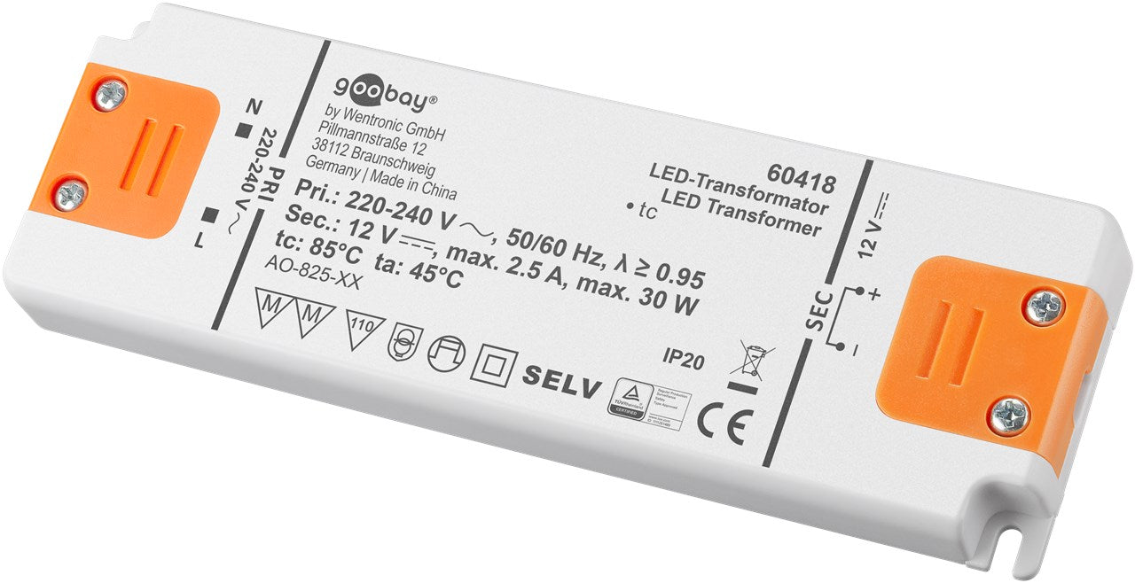 LED Slim-Transformator/Driver, 12V, 2,5A / 0,5-30W, nicht dimmbar, mit Möbelzulassung, ür den Anschluss von LED-Leuchtmitteln mit 12V an 230V, IP20