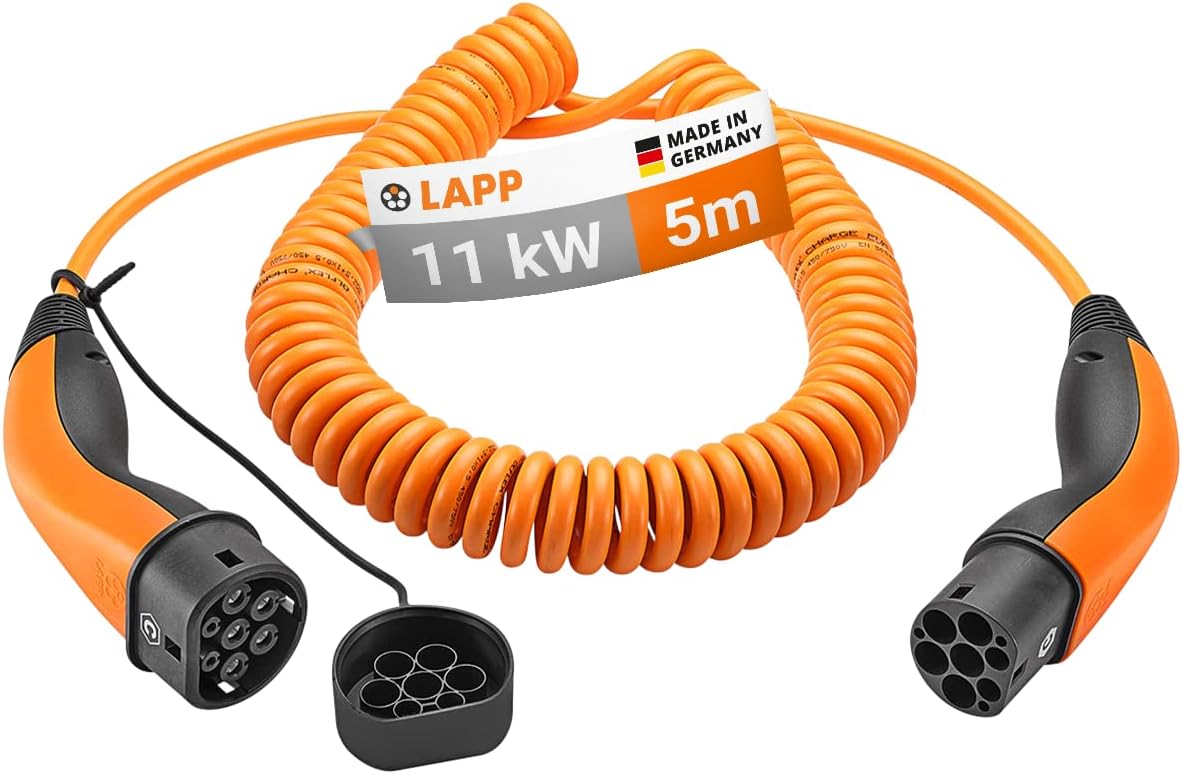 Lapp Mobility Typ 2 Ladekabel 11 KW / Spiralkabel / 20 A / 3-Phasig / E-Auto Ladekabel / Mode 3 / 5m