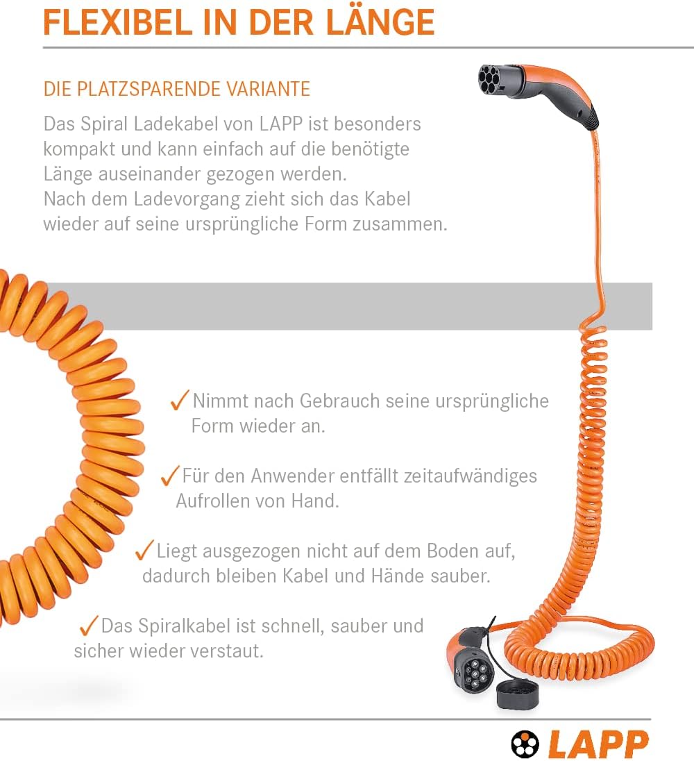 Lapp Mobility Typ 2 Ladekabel 11 KW / Spiralkabel / 20 A / 3-Phasig / E-Auto Ladekabel / Mode 3 / 5m