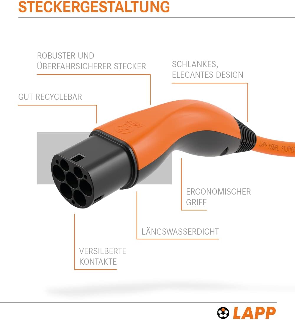 Lapp Mobility Typ 2 Ladekabel 11 KW / Spiralkabel / 20 A / 3-Phasig / E-Auto Ladekabel / Mode 3 / 5m