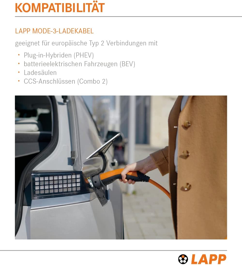 Lapp Mobility Typ 2 Ladekabel 11 KW / Spiralkabel / 20 A / 3-Phasig / E-Auto Ladekabel / Mode 3 / 5m