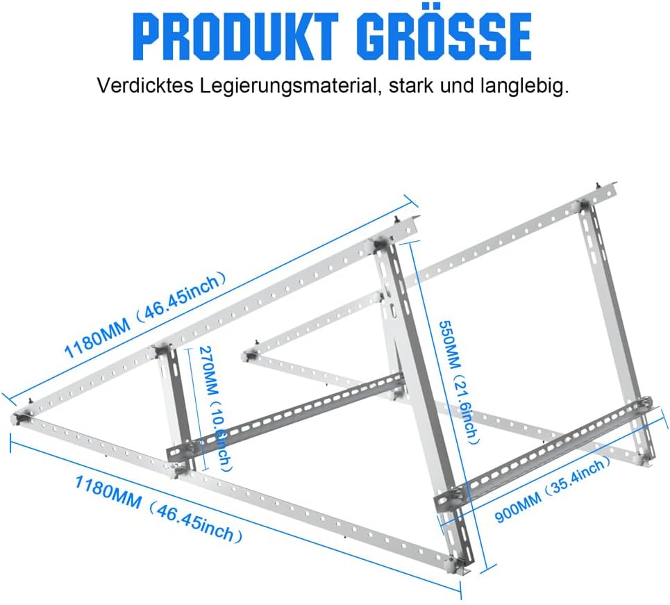 Solarmodul Halterung 118 CM ( 46 Zoll ) 2 Sets, Robuste Solarmodule Montageset Aufständerung, Photovoltaik-Halterung 0°- 90° Einstellbar, Neigungshalterungen für Balkonkraftwerk Halterung