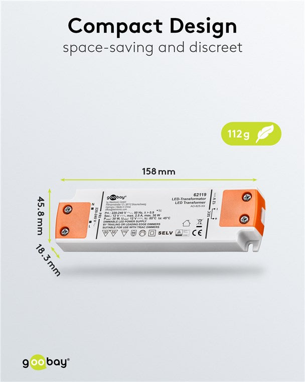 goobay LED Trafo 12v Dimmbar / Trafo 230v auf 12v LED / Transformator 230v 12v DC für LEDs bis 30 W Gesamtlast / LED Trafo 12v 30w / LED Treiber 12v dimmbar mit Überspannungsschutz