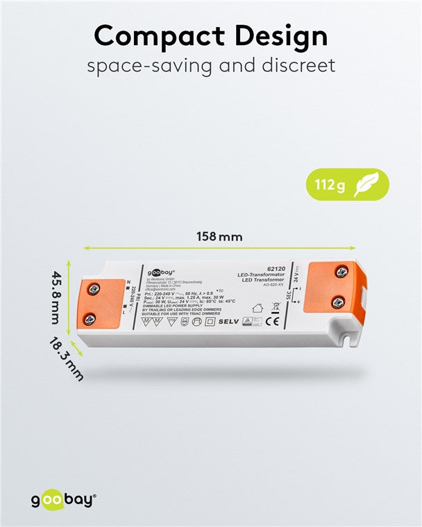 goobay LED Trafo 24v Dimmbar / Trafo 230v auf 24v LED / Transformator 230v 24v DC für LEDs bis 30 W Gesamtlast / LED Treiber 24v dimmbar mit Überspannungsschutz