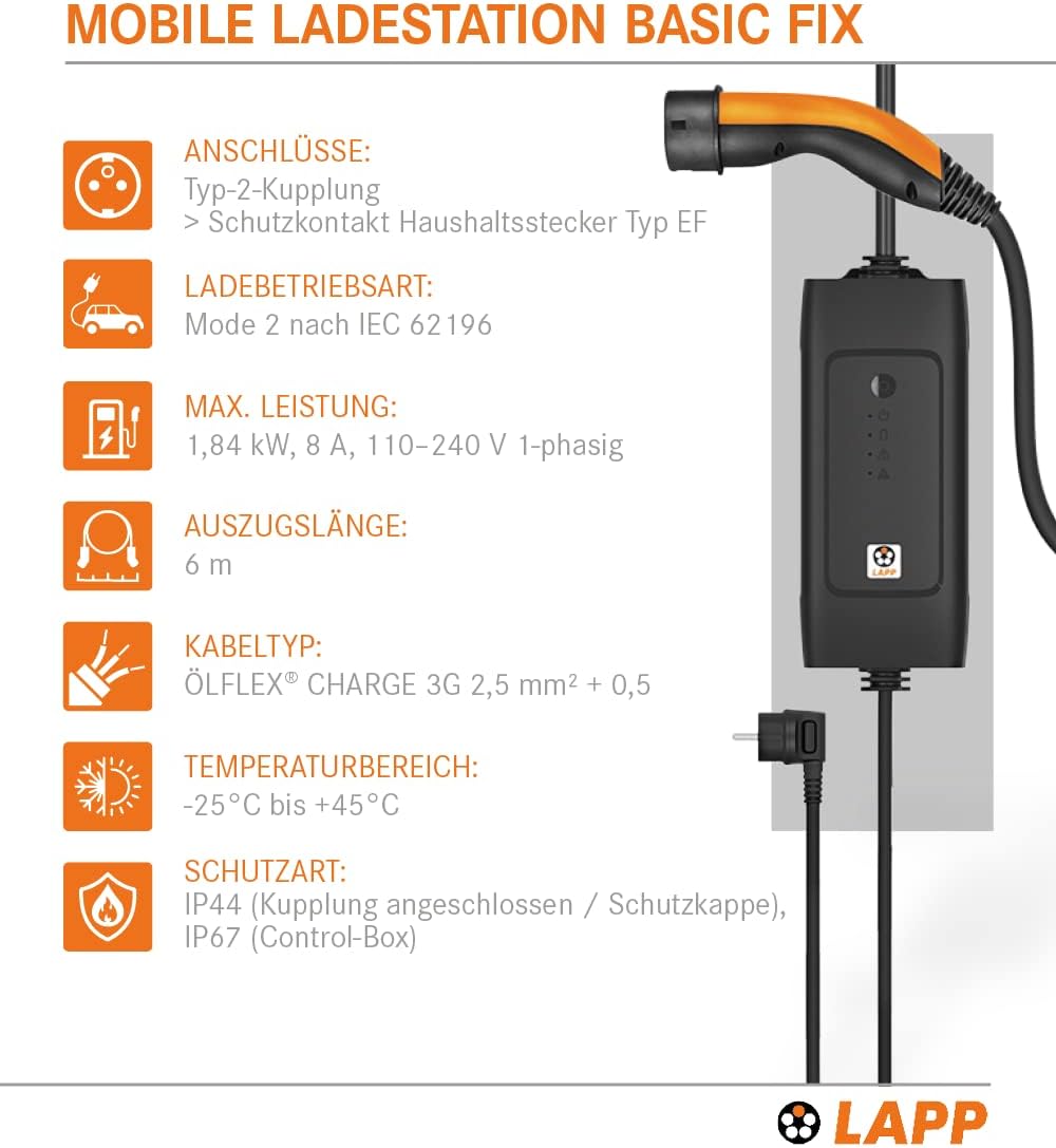 Lapp Mobility Typ 2 Ladestation 1,8kW / Schutzkontakt / 8A / 1-Phasig / E- Auto Ladekabel / Mode 2 / 6m