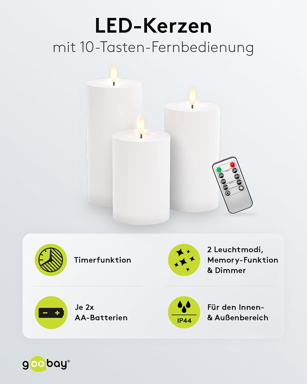 LED Kerzen 3er Set mit Fernbedienung / elektrische Outdoor Kerzenlichter / realistisch flackernde Flamme / LED Deko / Timerfunktion / Flammenlose LED Kerzen / Batteriebetrieben / weiß