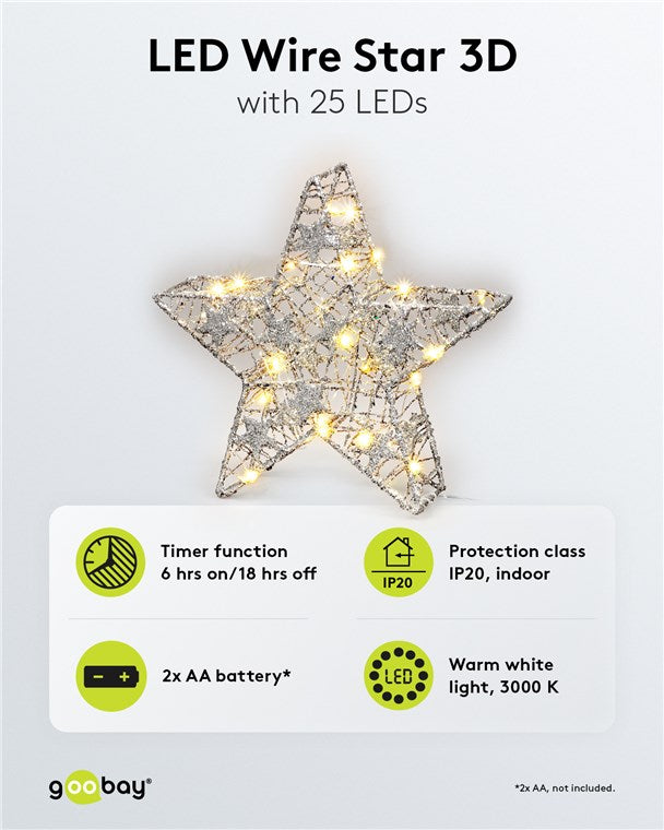 goobay LED Drahtstern 3D / Weihnachtsdeko / Weihnachtsstern mit Timer / Integrierte LED Lichterkette / verwendbar als Tischlampe, Deko im Winter und Weihnachten / Beleuchtung batteriebetrieben