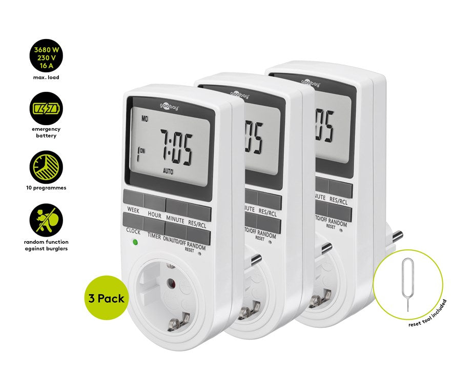 3er-Set Zeitschaltuhr digital mit 16 Programmen - Zeitschaltuhr Steckdose mit Zufallsmodus zum Einbruchschutz - Timer Steckdose inkl. 100 Tage Back-up Akku - 3680W - 230V (AC) - 16A