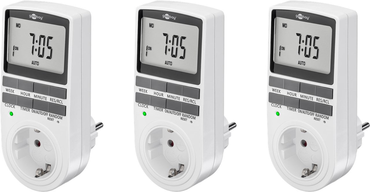 3er-Set Zeitschaltuhr digital mit 16 Programmen - Zeitschaltuhr Steckdose mit Zufallsmodus zum Einbruchschutz - Timer Steckdose inkl. 100 Tage Back-up Akku - 3680W - 230V (AC) - 16A