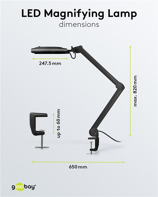 goobay LED Lupenleuchte mit Klemme / 9 W Leistungsaufnahme / 127 mm Kristall-Glaslinse/Farbtemperatur 6400 K / 1.75x Vergrößerung / Lichtstrom 83-730 Lumen / Schwarz