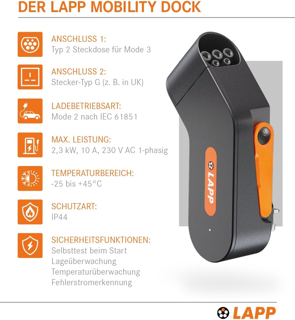 Lapp Mobility Dock Typ UK / Mobiles EV Ladegerät für die Haushaltssteckdose/Notladegerät für E-Autos / Tragbares E-Auto Ladegerät für Unterwegs / Ladegerät für Elektro- und Plug-in / IP44