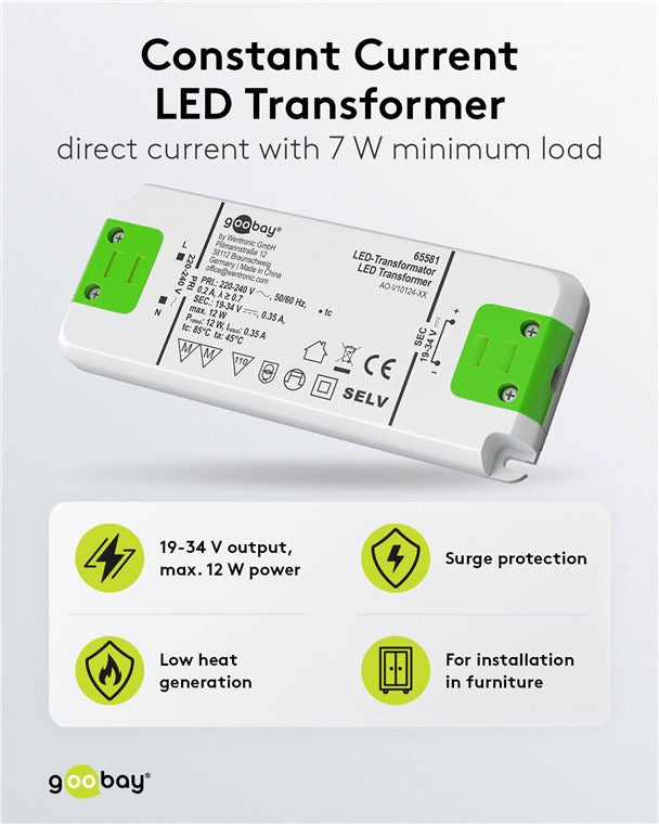 Goobay LED Trafo 350 mA / 12 W / LED Transformator für Konstantstrom / LED Treiber Konstantstromquelle / Transformator Innenbeleuchtung / Netzteil Licht