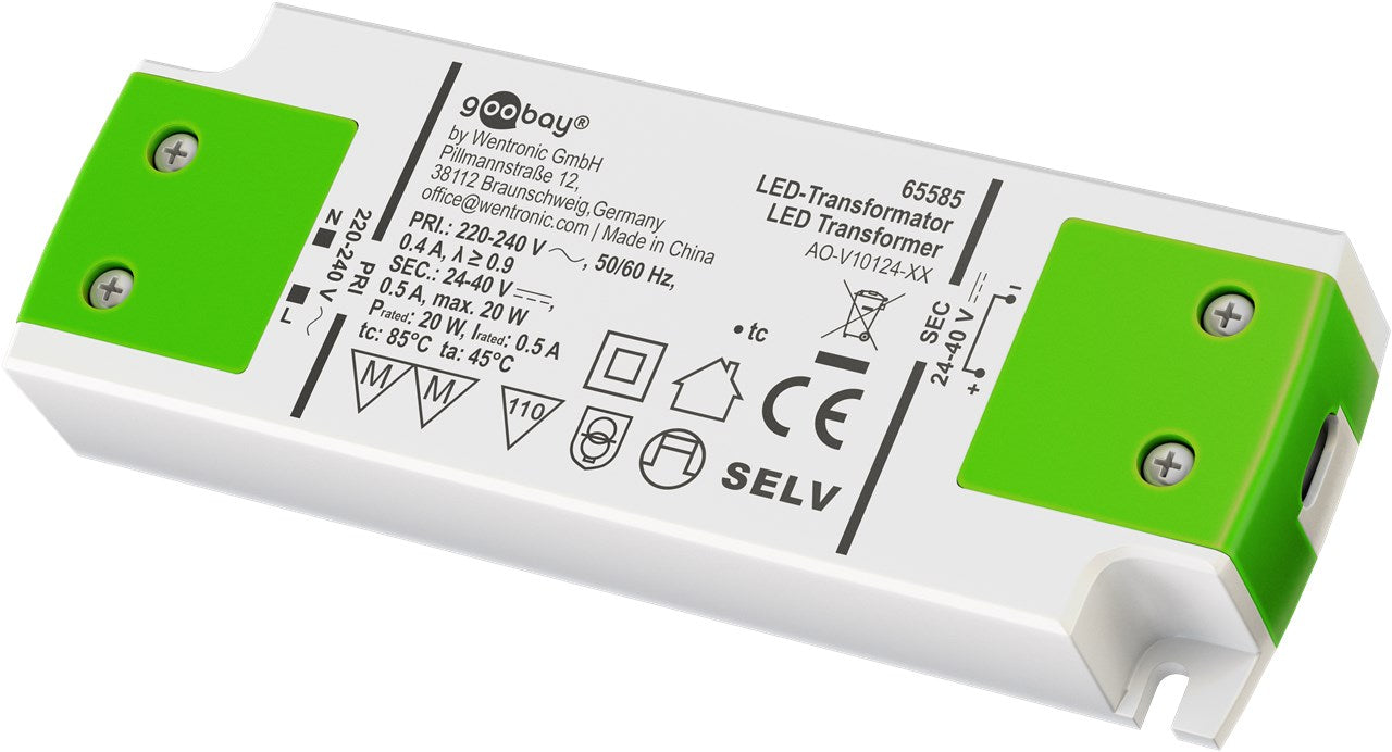 Goobay LED Trafo 500 mA / 20 W / LED Transformator für Konstantstrom / LED Treiber Konstantstromquelle / Transformator Innenbeleuchtung / Netzteil Licht