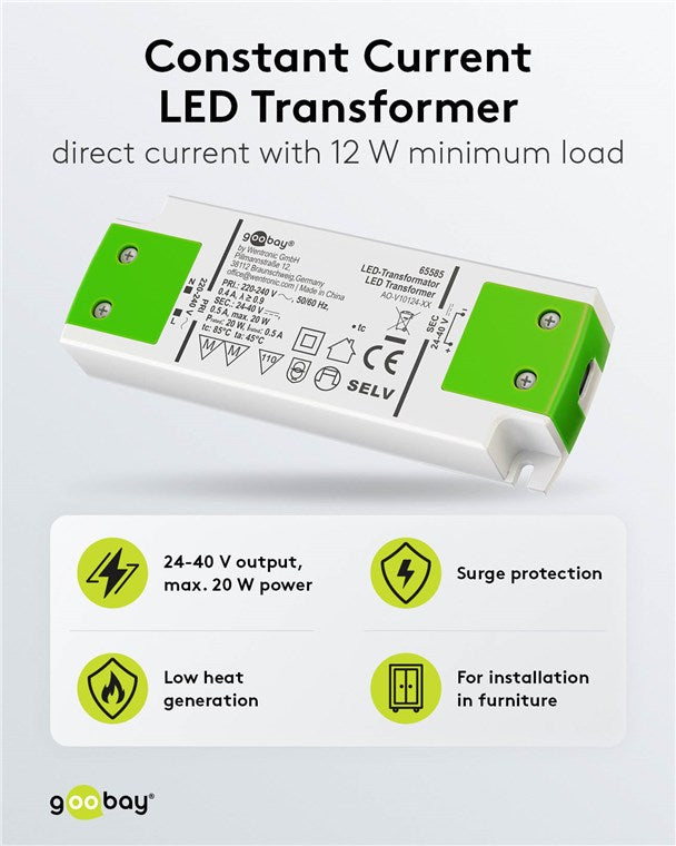 Goobay LED Trafo 500 mA / 20 W / LED Transformator für Konstantstrom / LED Treiber Konstantstromquelle / Transformator Innenbeleuchtung / Netzteil Licht