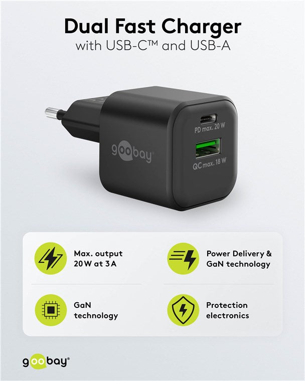 USB C Dual Schnellladegerät Nano PD (20W) / QC USB-A (18W) / USB C Ladegerät für Samsung, iPhone, iPad, MacBook/Ladestecker/Ladeadapter für Steckdose/Netzteil für Ladekabel/schwarz