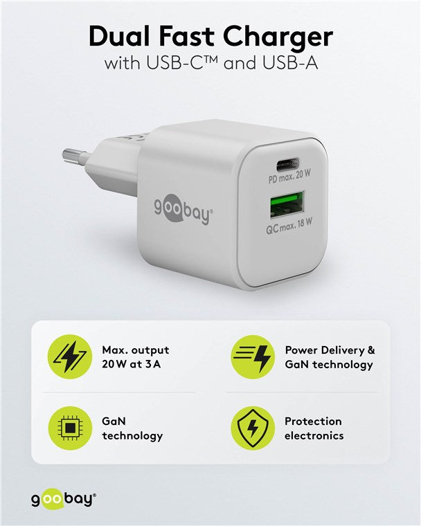 USB C Dual Schnellladegerät Nano PD (20W) / QC USB-A (18W) / USB C Ladegerät für Samsung, iPhone, iPad, MacBook/Ladestecker/Ladeadapter für Steckdose/Netzteil für Ladekabel/weiß