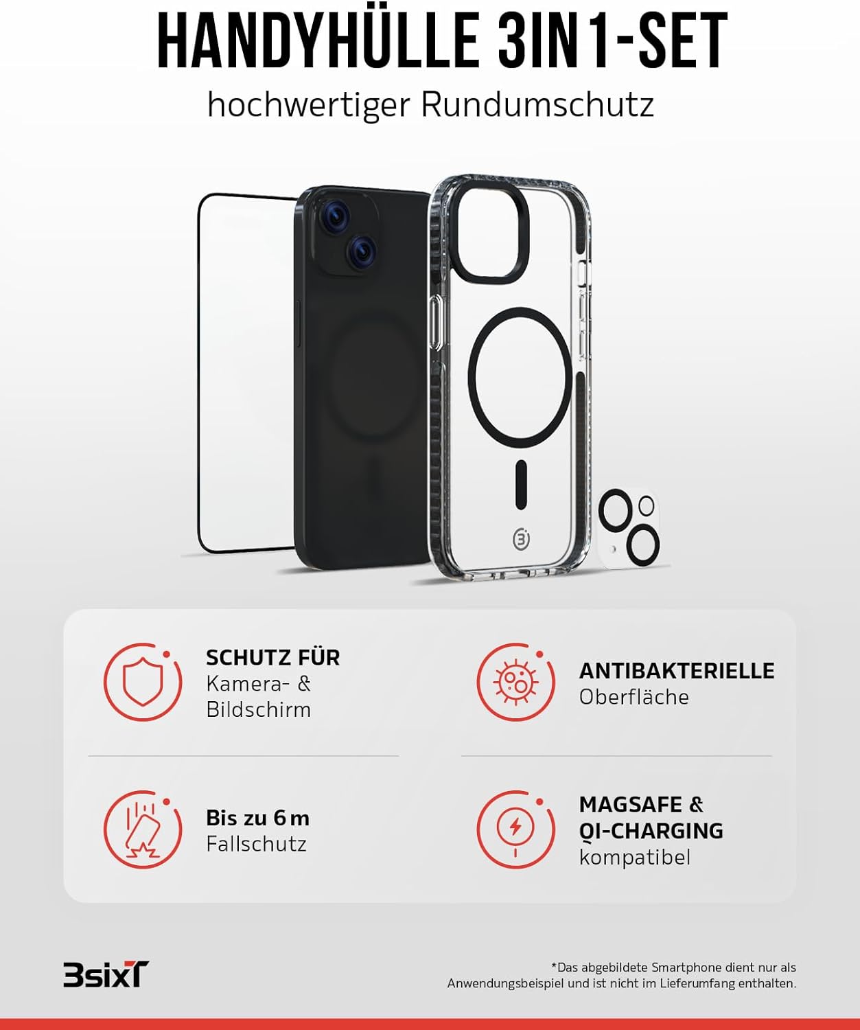 3sixT 65917 3in1 Protection Bundle für iPhone 15 / Hülle Displayschutz & Kamera Schutz Set/Inkl. Handyhülle Panzerglas Kamera Protektor stoßfest / 3in1 Hüllen Set