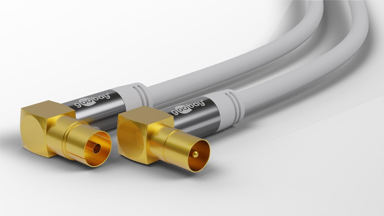 Goobay TV-Antennenkabel, gewinkelt, Koax-Buchse 90° > Koax-Stecker 90°, 135 dB, 4-fach geschirmt, vergoldet, weiß