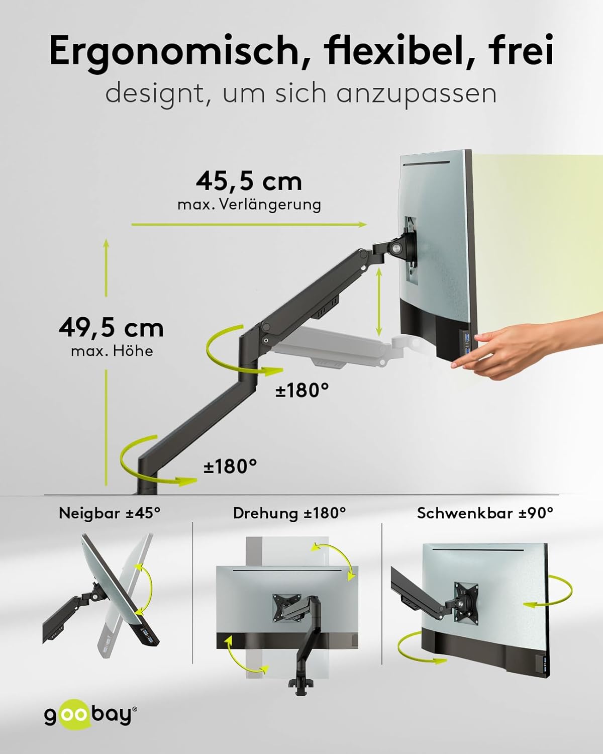 goobay Monitorhalterung mit Gasdruckfeder für Monitore von 17 bis 32 Zoll (43-81 cm), max. 9 kg, einfache Snap-in-Montage der Arme, VESA 75/100mm, schwarz