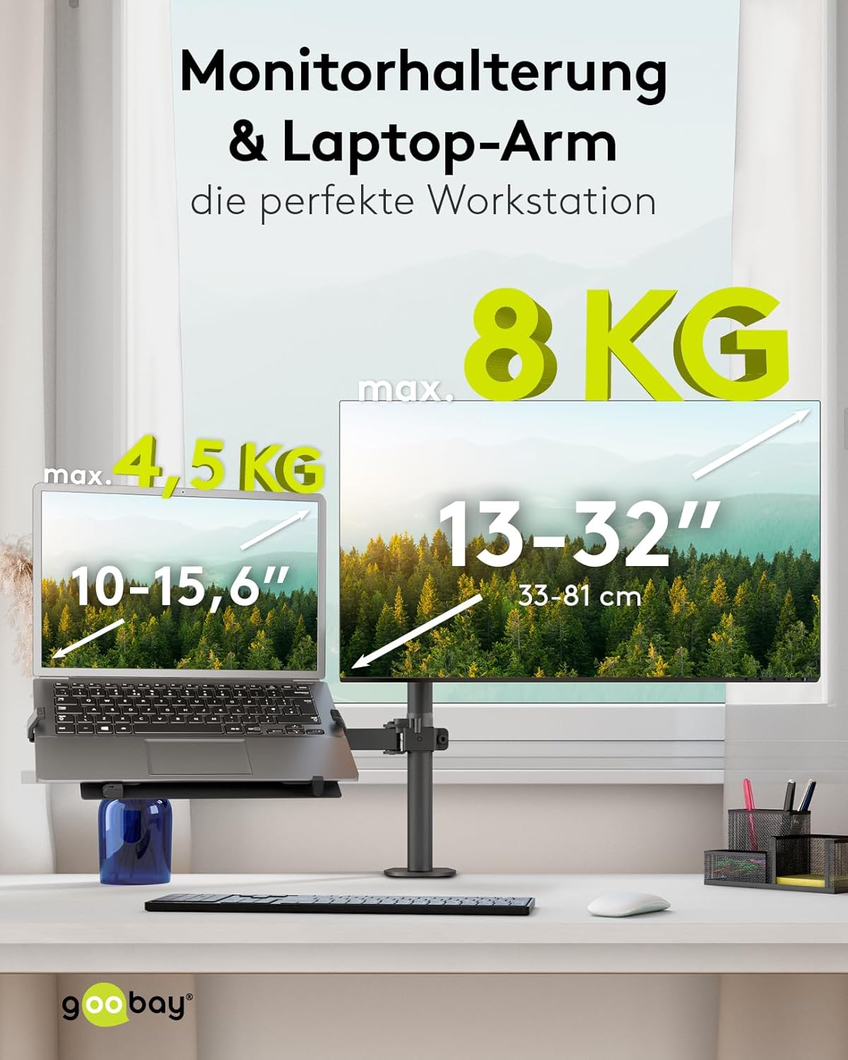 goobay Flexible Monitorhalterung mit Ablage für einen mobilen Laptop, Arbeitsstation für Monitore von 13 bis 32 Zoll (33-81 cm) Plus einen Laptop, max. 4,5 kg, VESA 75/100mm, schwarz