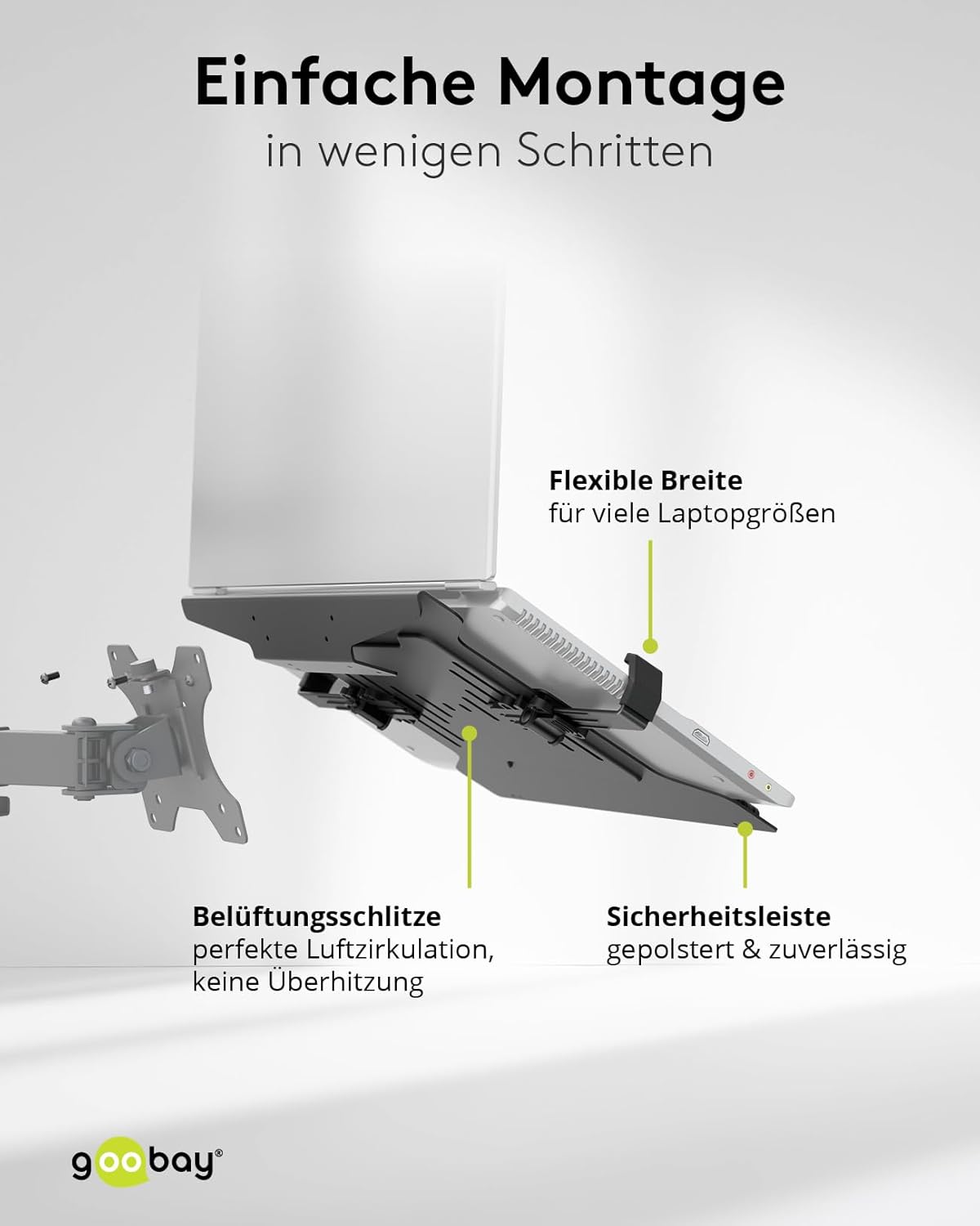 goobay Laptophalterung für Monitore von 10 bis 15,6 Zoll (25-40 cm), max. 4,5 kg, zur Montage an eine Monitorhalterung, VESA 75/100mm, schwarz