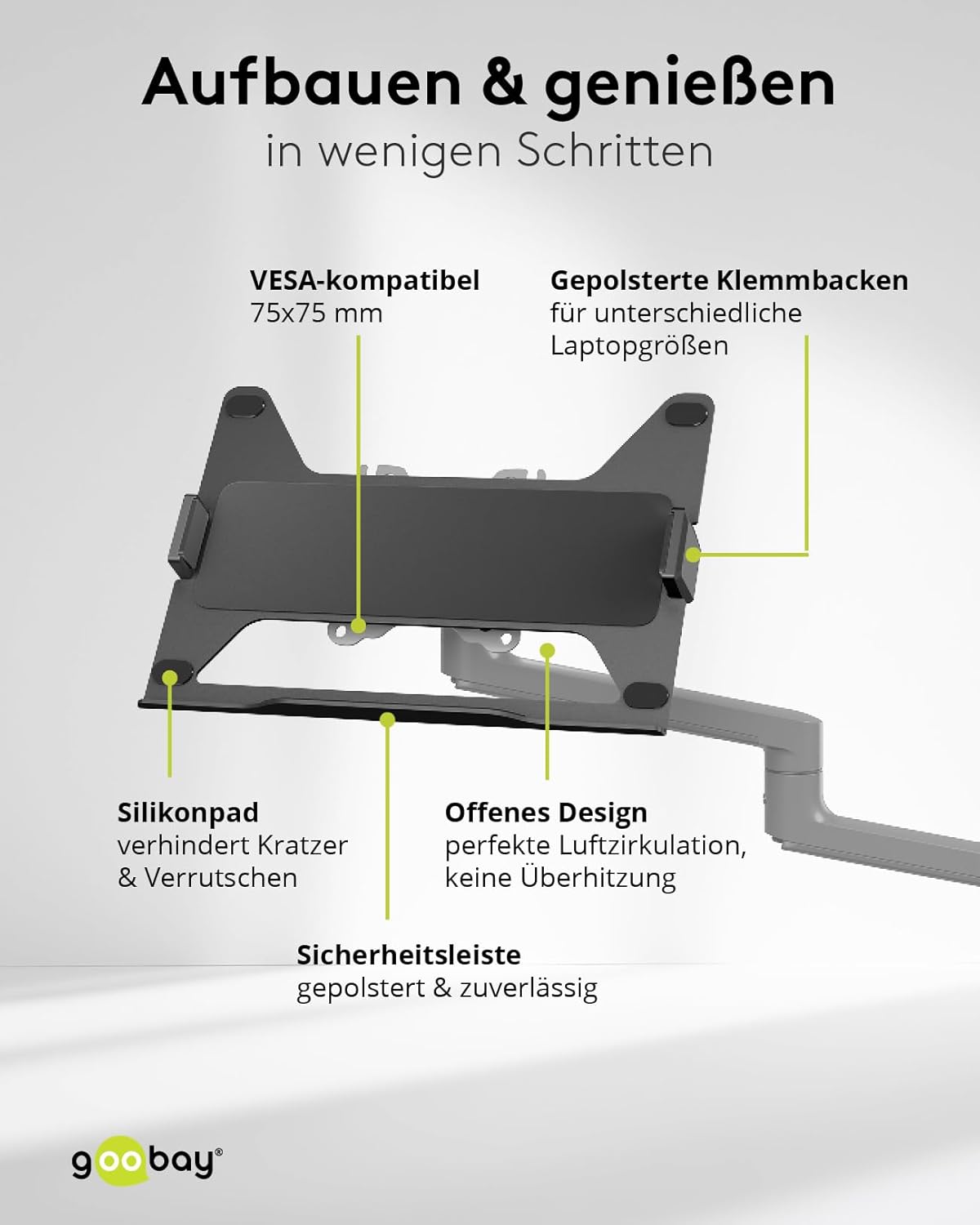 goobay Deluxe Laptophalterung für Monitore von 11,6 bis 17,3 Zoll (29-44 cm), max. 9 kg, zur Montage an eine Monitorhalterung, VESA 75/100mm, schwarz