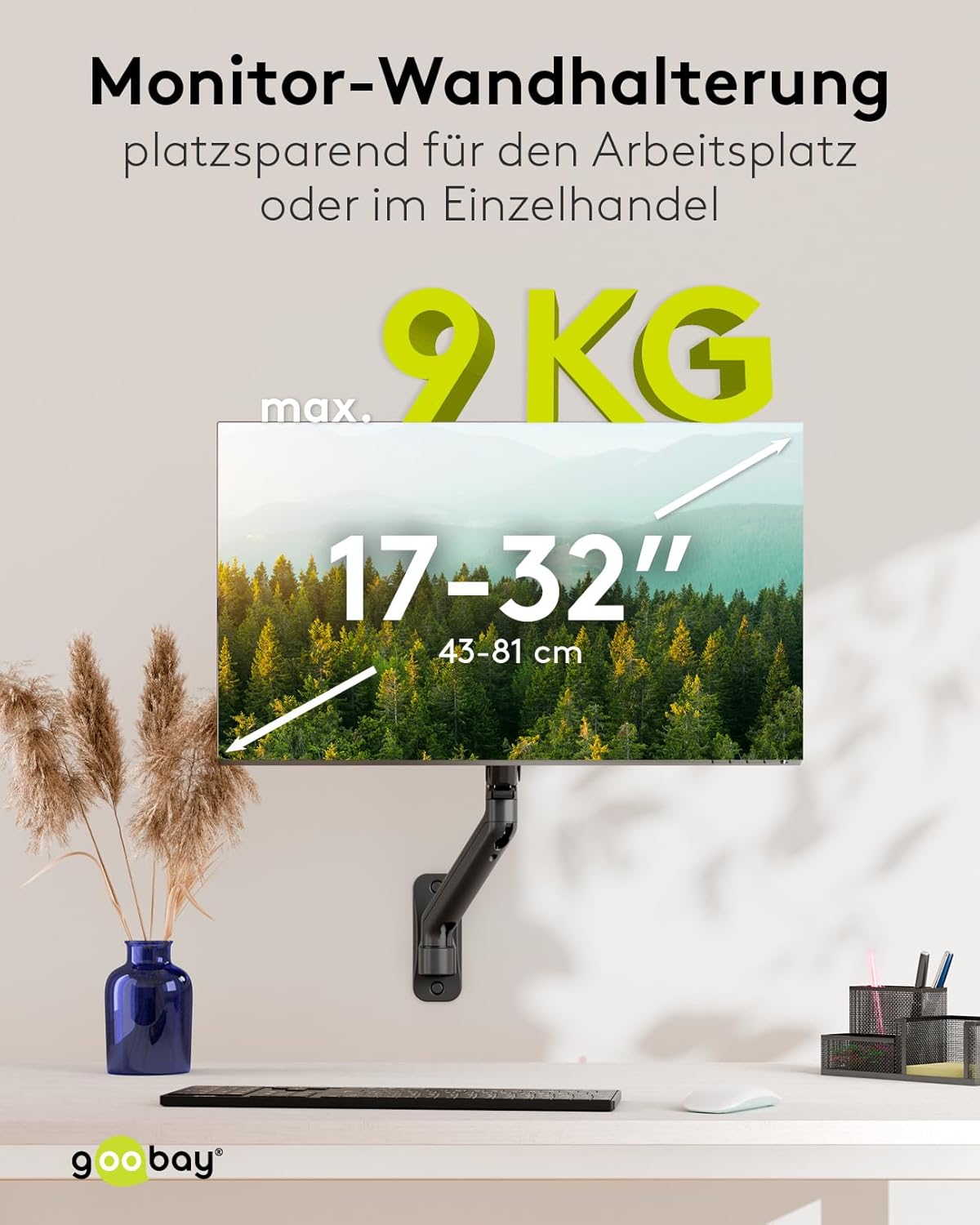 goobay Monitor Wandhalterung mit mechanischer Feder für Monitore von 17 bis 32 Zoll (43-81 cm), max. 9 kg, Wandmontage, VESA 75/100mm, schwarz