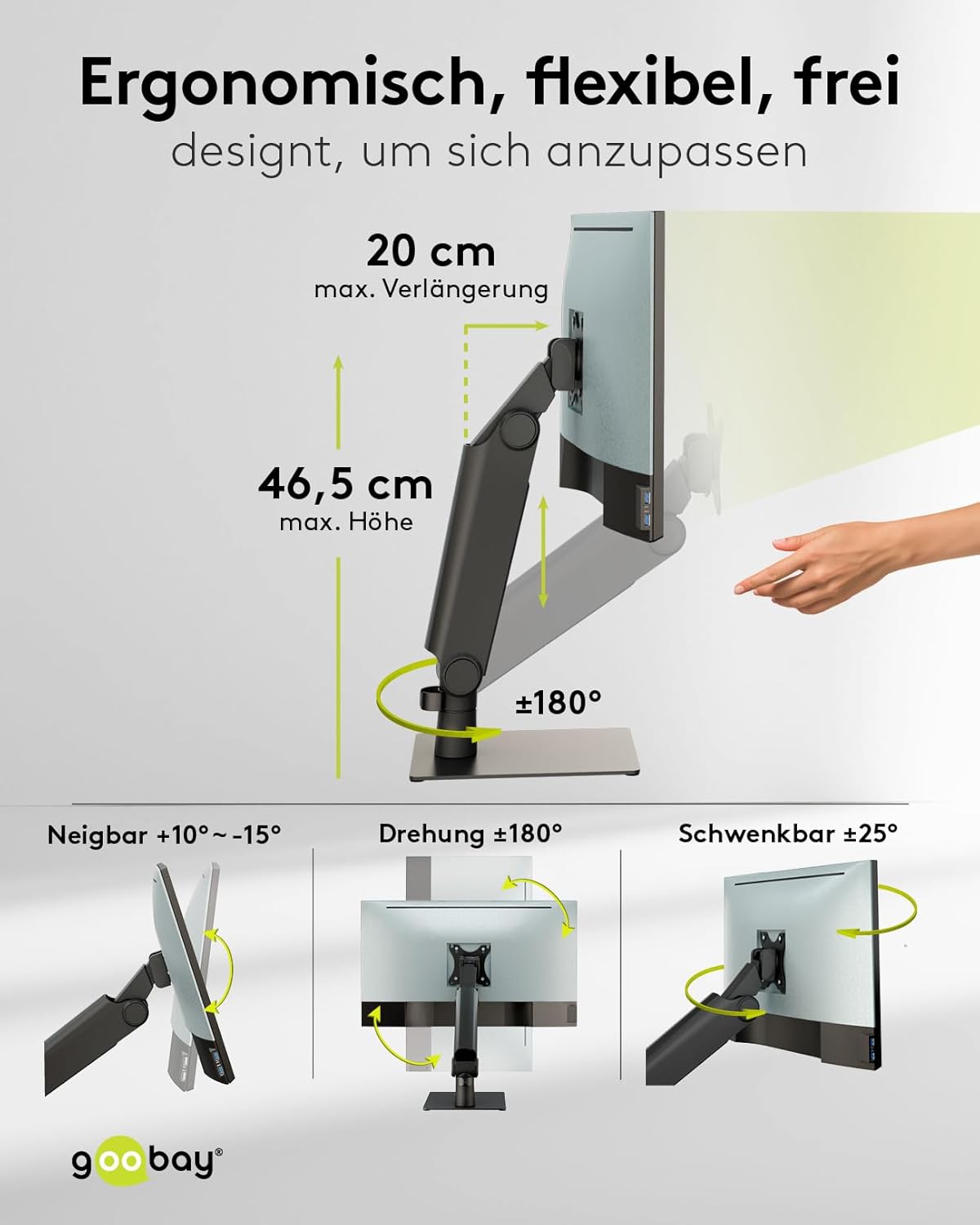 goobay Freistehende Tisch Monitorhalterung für Monitore von 17 bis 32 Zoll (43-81 cm), max. 8 kg, vollbeweglicher Tischständer, VESA 75/100mm, schwarz