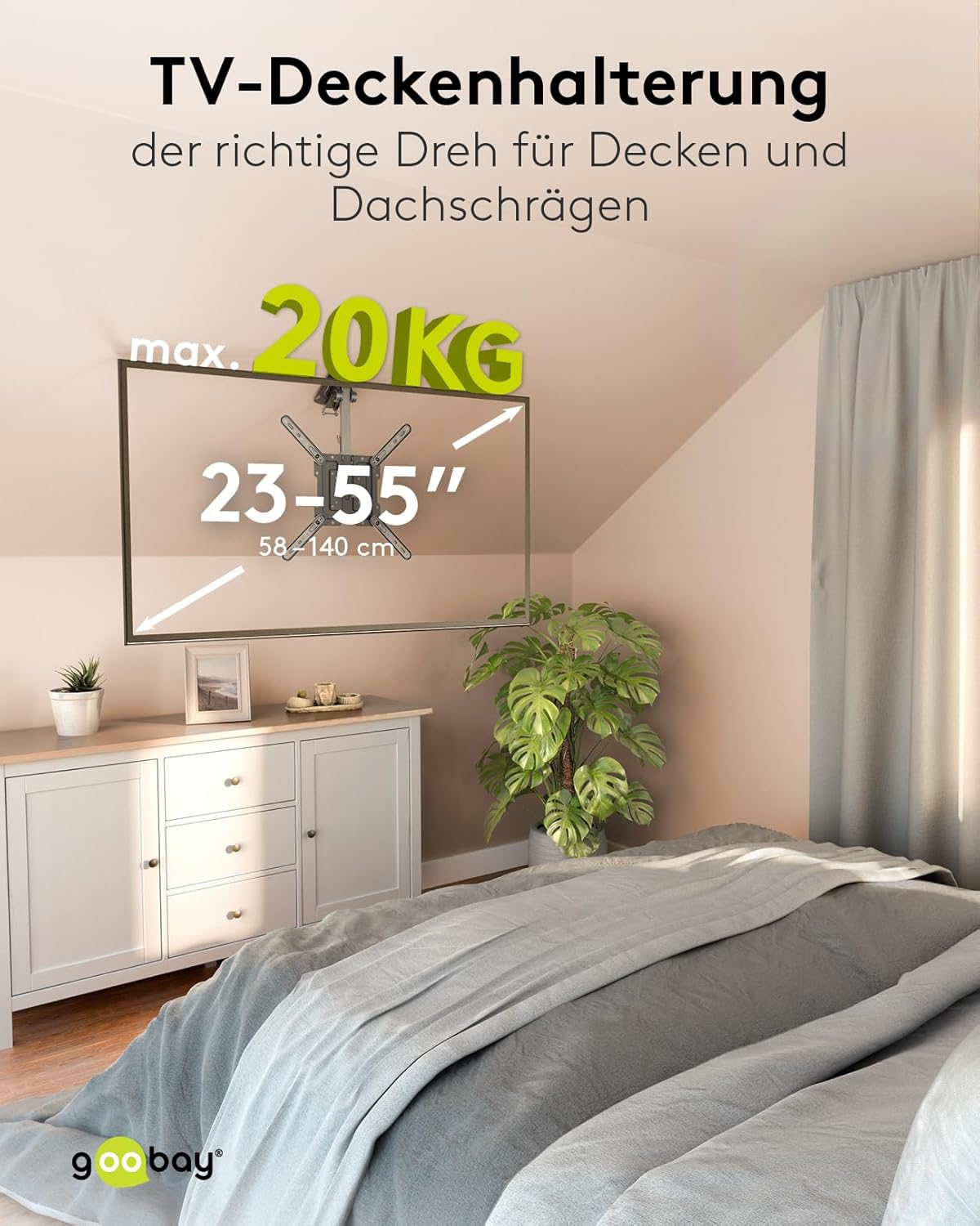 goobay TV-Deckenhalterung für Fernseher von 23 bis 55 Zoll (58 – 140 cm), TV Halterung, max. 20 kg, seitlich schwenkbar, Deckenwinkel einstellbar, mit Hochklapp- und Verriegelungsfunktion