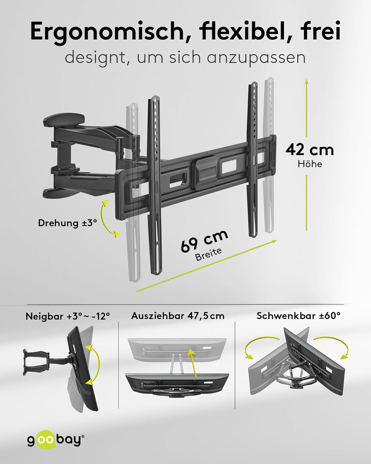 goobay TV-Wandhalterung für Fernseher von 37 bis 80 Zoll (94 – 203 cm), TV Halterung, max. 45 kg, vollbeweglich (schwenkbar und neigbar)