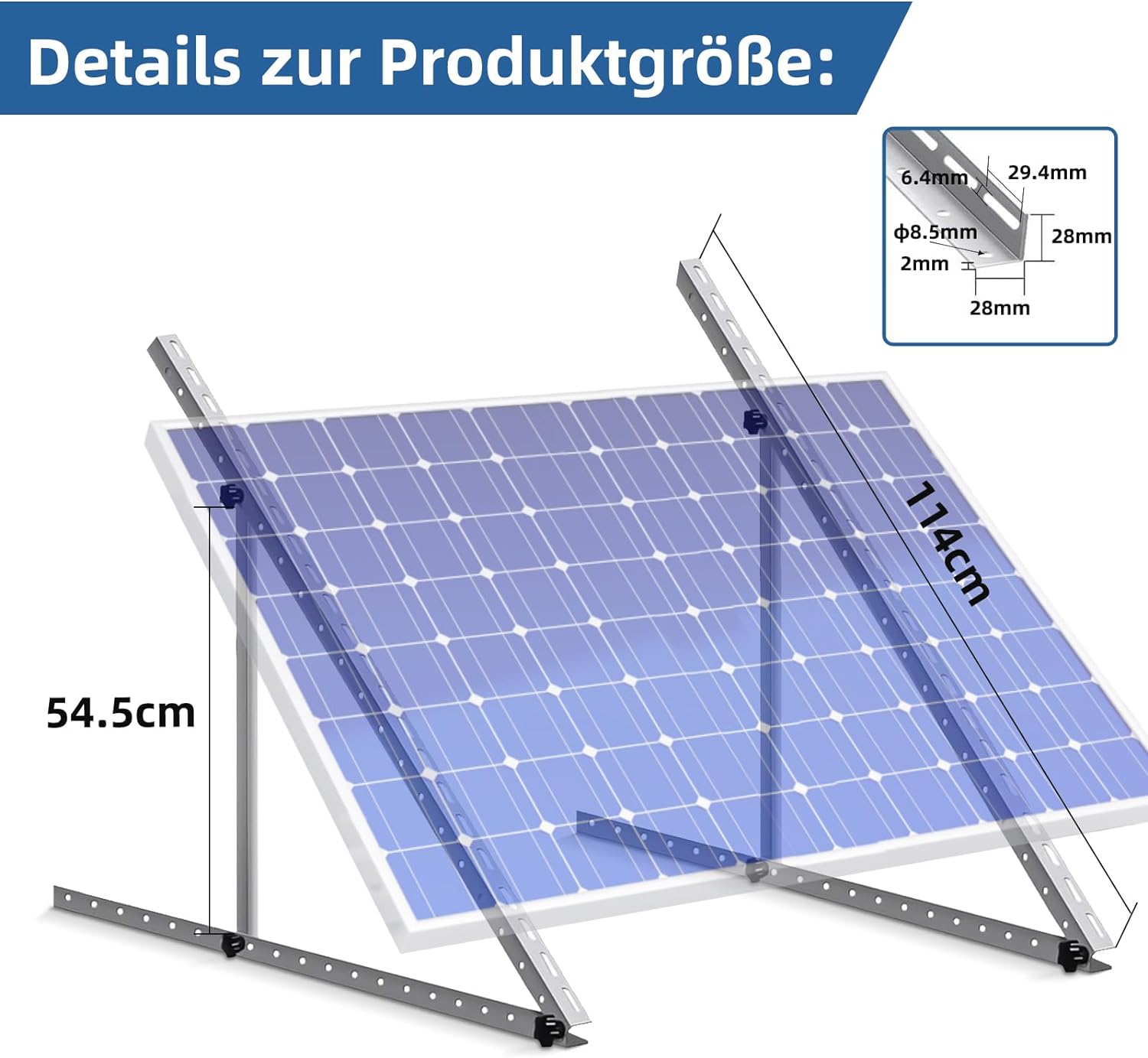 Solarmodul Halterung für 1 Modul - 45 Zoll Photovoltaik Universal Solarmodul Halterungen 114CM Balkonkraftwerk Halterung, Winkel einstellbar 0-90° für Dachhalterungen Solarmodule