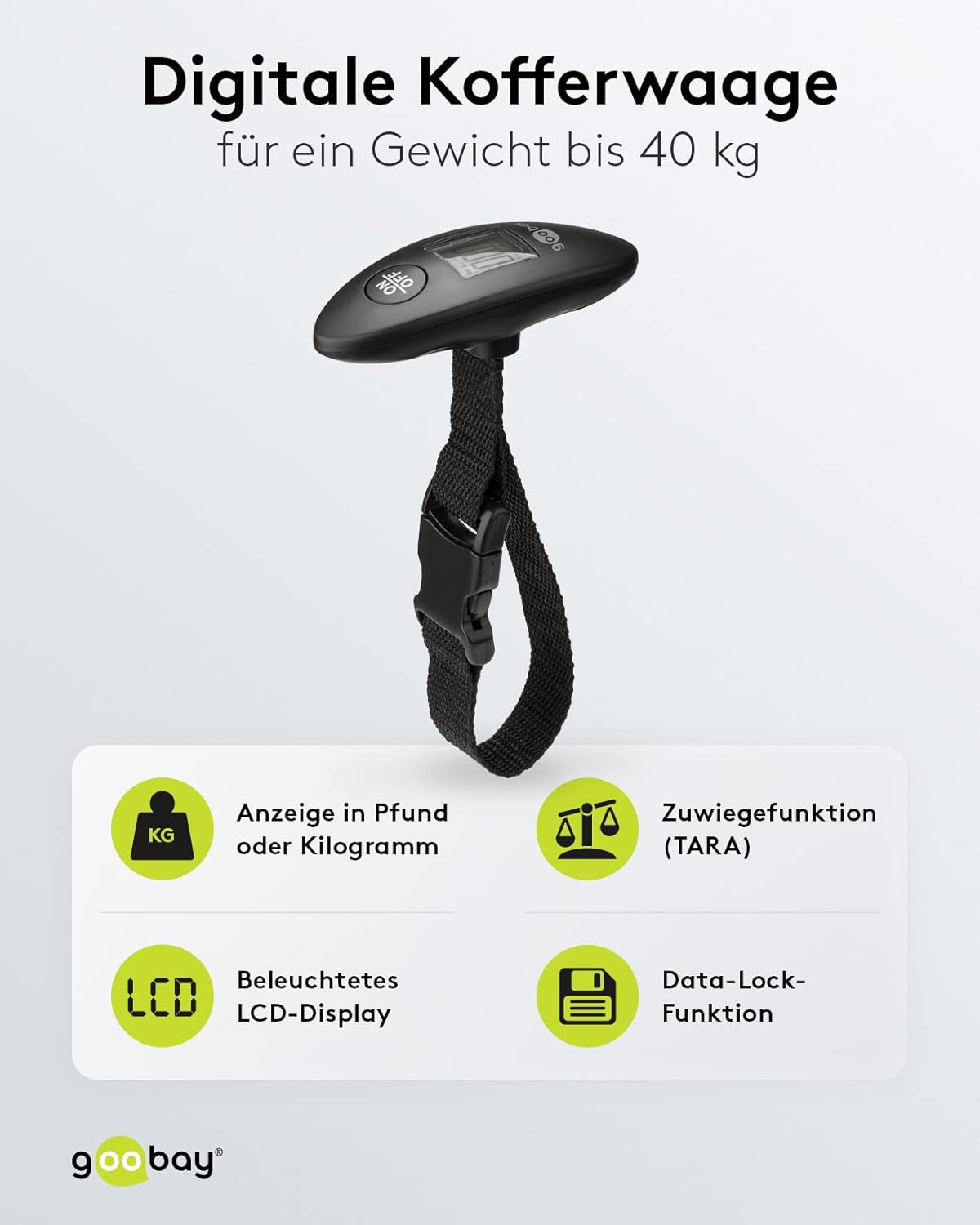 Digitale Kofferwaage Gepäckwaage mit heller LCD-Anzeige und Tara-Funktion für Gepäck bis 40kg, bequemer Handgriff liegt perfekt in der Hand, Reisen / Familienleben geeignet, Schwarz