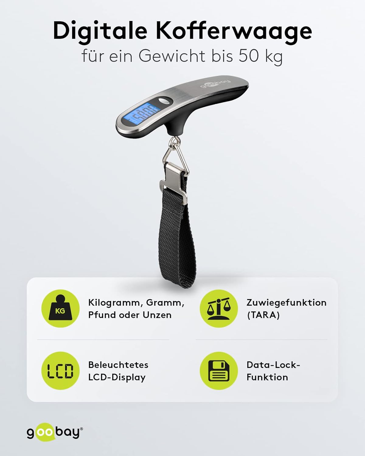 Digitale Kofferwaage Gepäckwaage mit heller LCD-Anzeige und Tara-Funktion für Gepäck bis 50kg, bequemer Handgriff liegt perfekt in der Hand, für Reisen / Familienleben geeignet, Silber