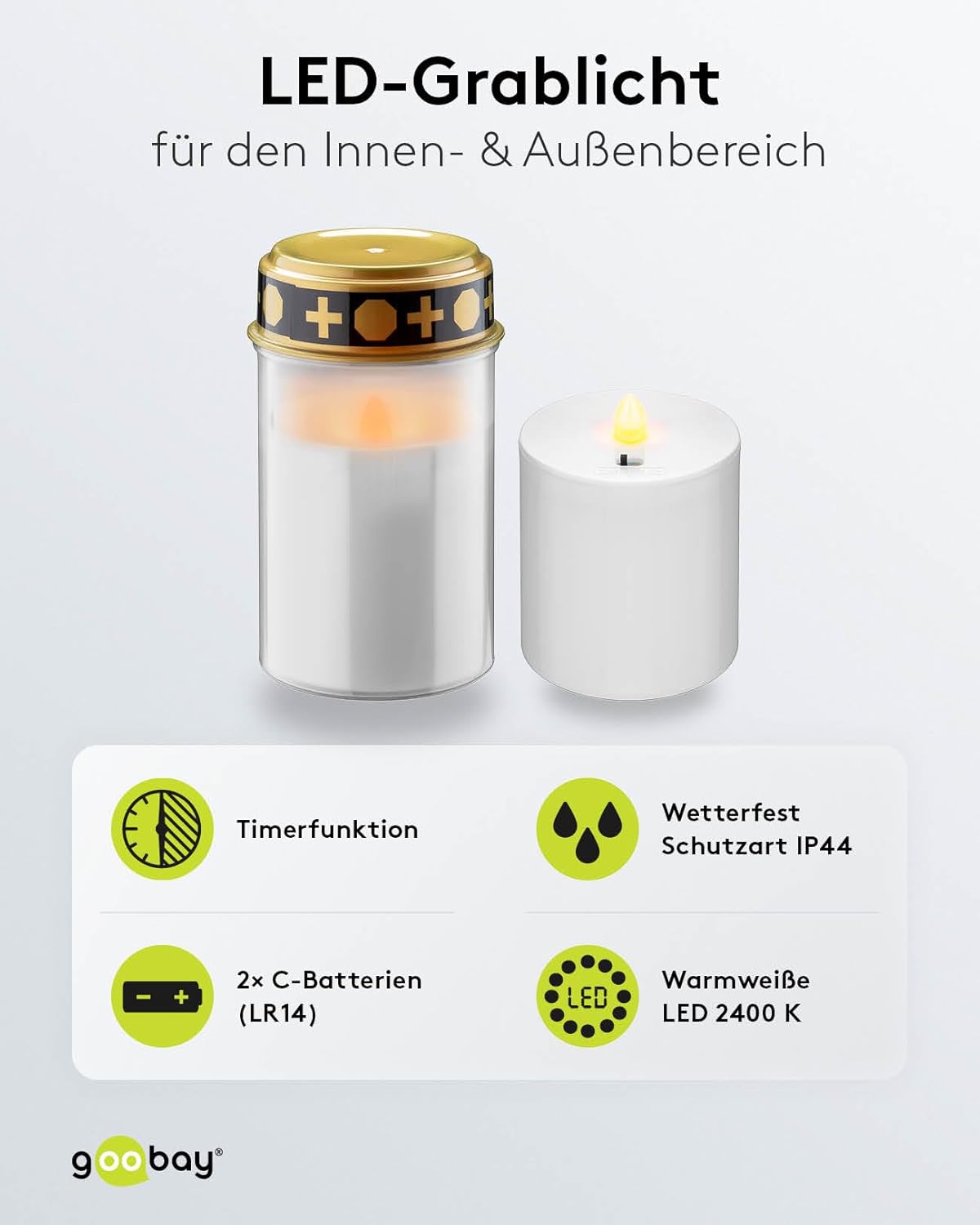 LED Grablicht mit Timer/Batteriebetrieben/LED Grabkerzen Outdoor/Friedhof Kerzen/Grablichter/Ewiges Licht/Grablampe/Weiß/Batterie 2x C/LR14 (Nicht im Lieferumfang)