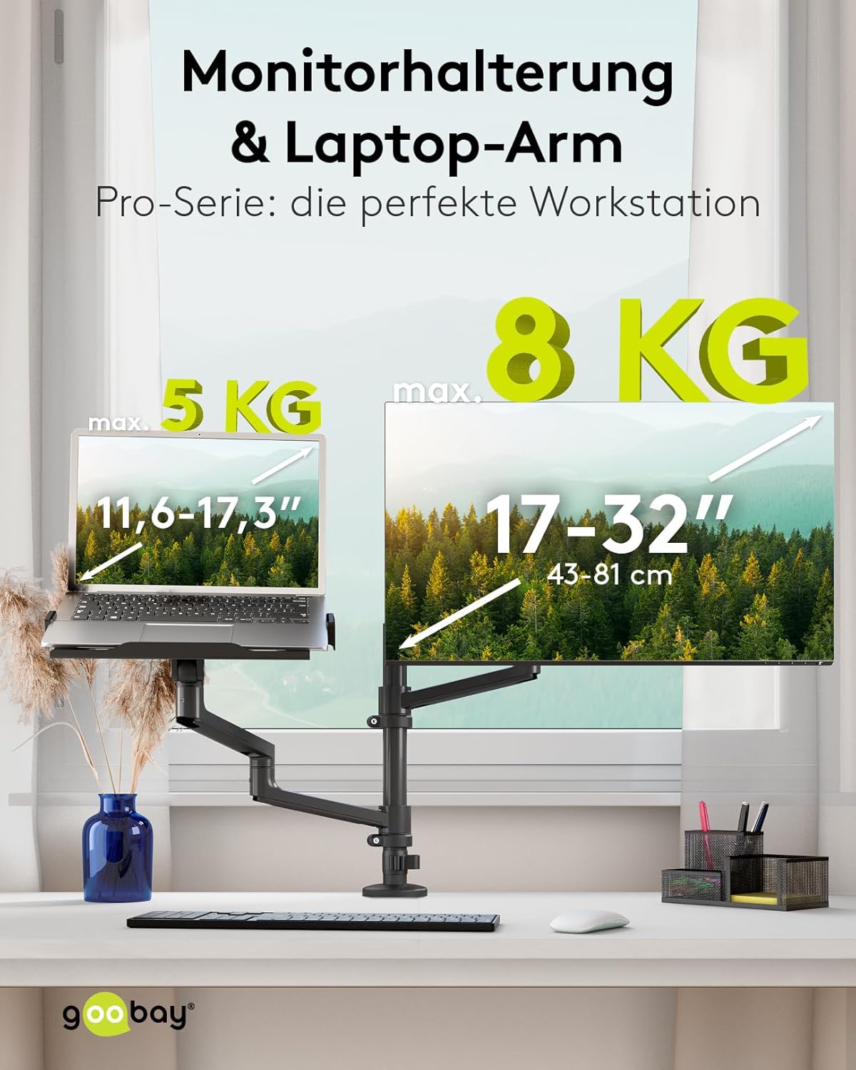 goobay Deluxe Monitorhalterung mit Ablage für einen mobilen Laptop, Arbeitsstation für Monitore von 17 bis 32 Zoll (43-81 cm) Plus einen Laptop, max. 8 kg, VESA 75/100mm, schwarz