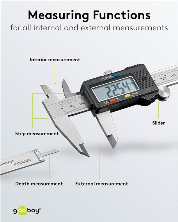 Messschieber digital 0 - 150 mm / Elektrische Schieblehre digital 6 Zoll / Für Tiefen-, Außen- & Stufenmessung / Mit LCD Display / Rostfreier Edelstahl