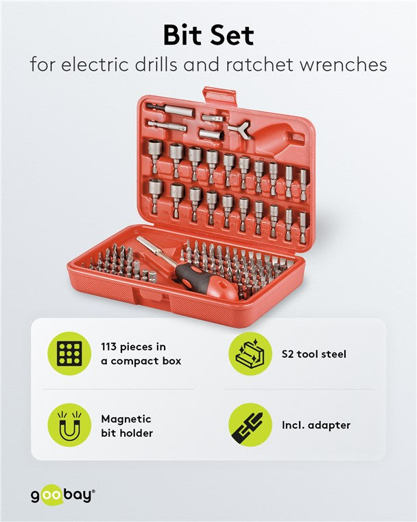 Bit Set Universal 113 Teile / Bitsatz mit magnetischen Bitschraubendreher 6,3mm / S2 Werkzeugstahl / Steckschlüsselsatz inkl. Box / Magnetische Bits / Bitbox Werkzeugset