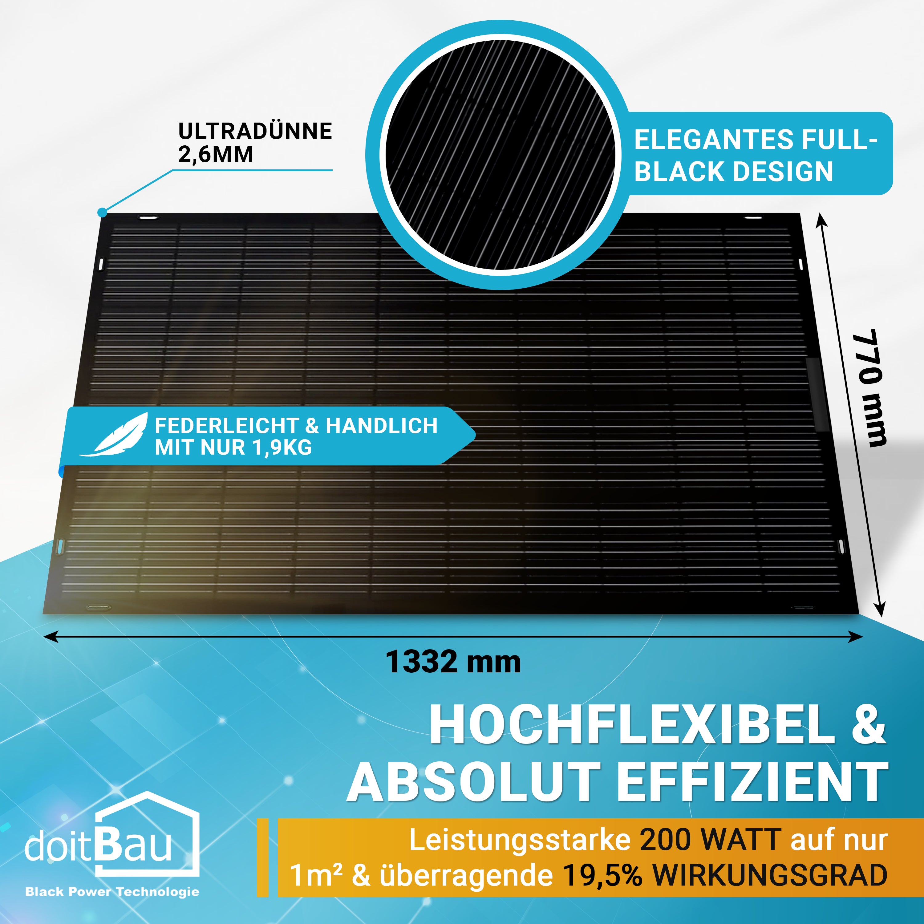 Flexibles Solarpanel 200 Watt Full-Black mit Befestigung DB200FLEX | Solarmodule für Balkonkraftwerk, Camping, Boot I Mit 19,5% Wirkungsgrad | Wasserdichtes Solarmodul begehbar (Anschluss: hinten)