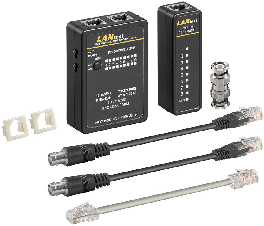 Netzwerktester LAN Tester / Leitungstester RJ45 - RJ11 - RJ12 - ISDN - CAT5 - CAT6 - BNC / Netzwerk Kabeltester / Netzwerk Tester / Netzwerk Messgerät / Schwarz