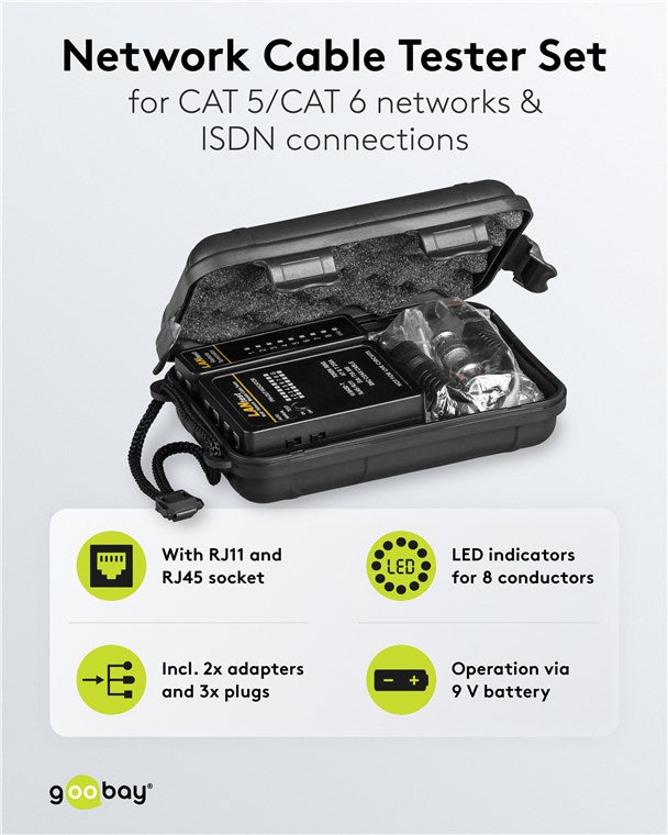 Netzwerktester LAN Tester / Leitungstester RJ45 - RJ11 - RJ12 - ISDN - CAT5 - CAT6 - BNC / Netzwerk Kabeltester / Netzwerk Tester / Netzwerk Messgerät / Schwarz