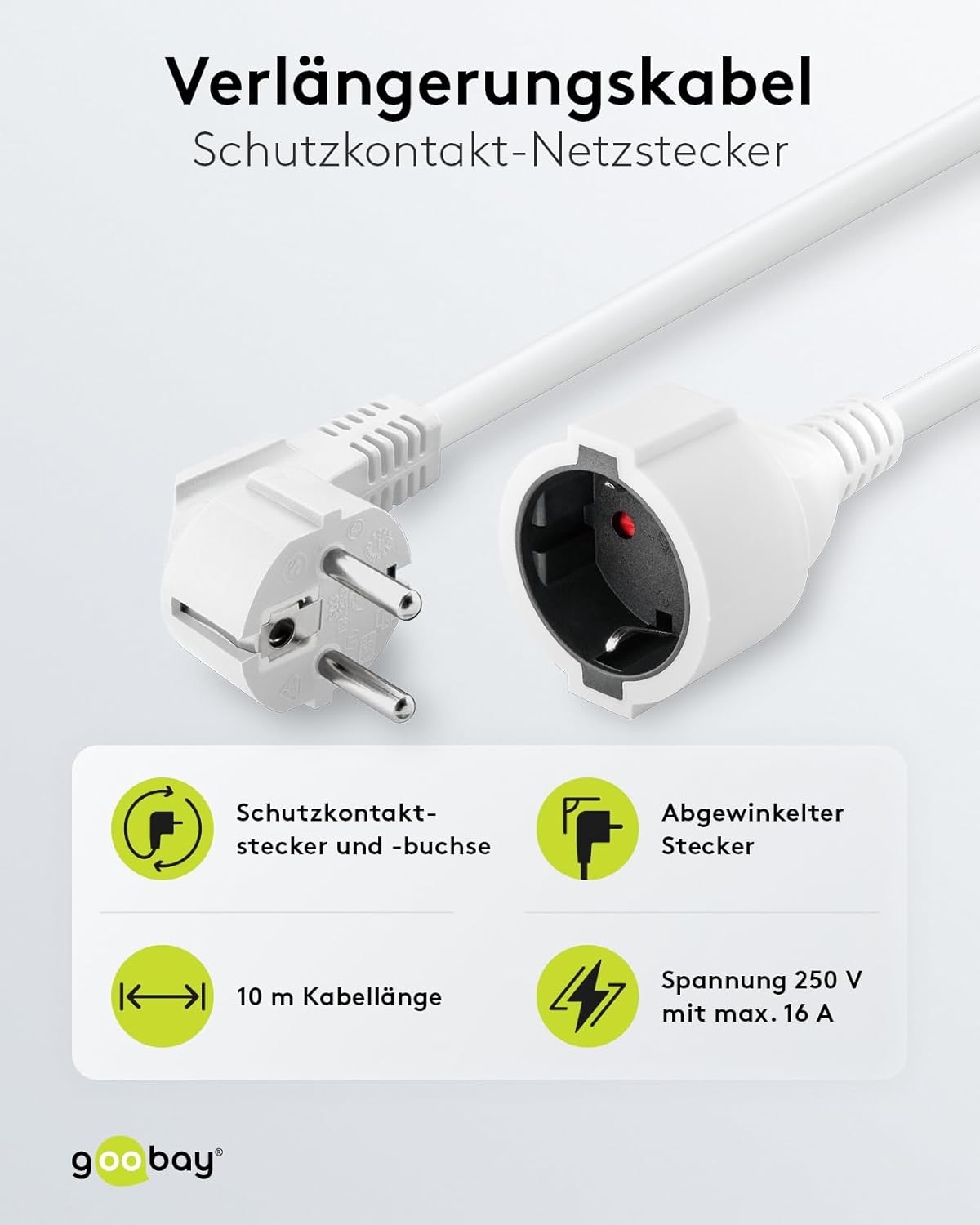 Gewinkeltes Strom Verlängerungskabel / Schutzkontakt Stecker 250V Schutzkontakt 5 Meter Stromkabel Verlängerung für Innenbereich / Schwarz / 5m