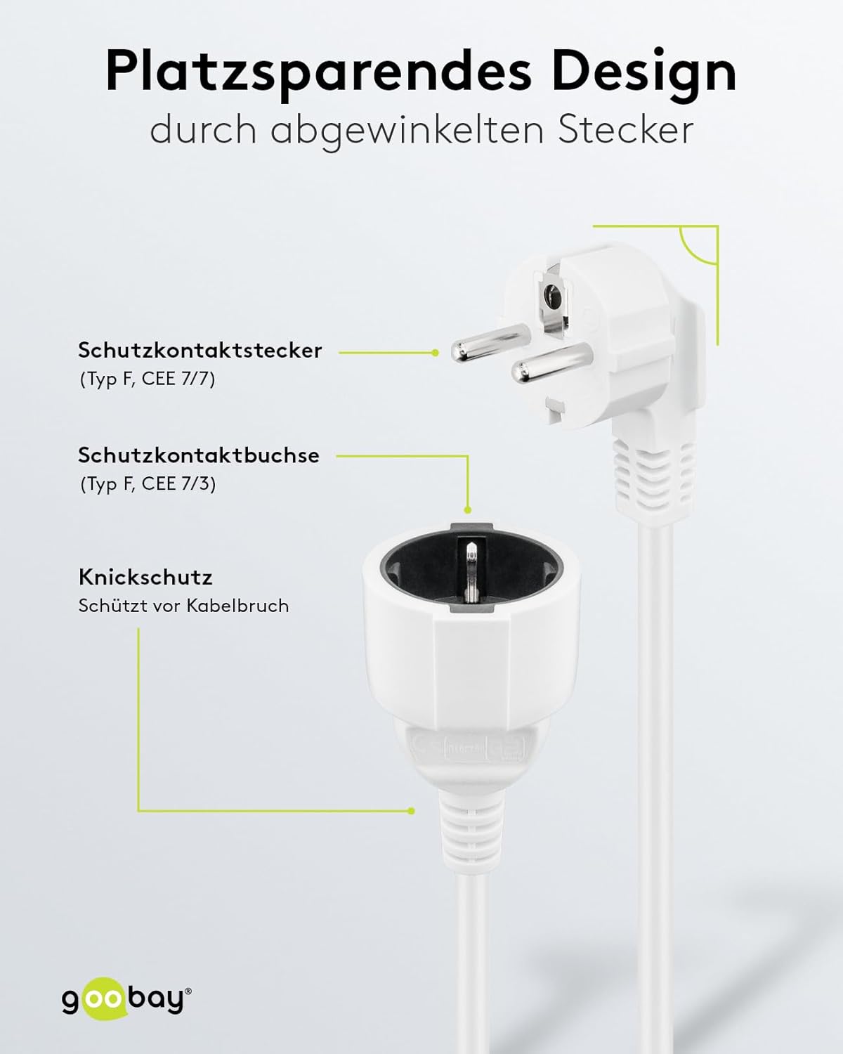 Gewinkeltes Strom Verlängerungskabel / Schutzkontakt Stecker 250V Schutzkontakt 5 Meter Stromkabel Verlängerung für Innenbereich / Schwarz / 5m