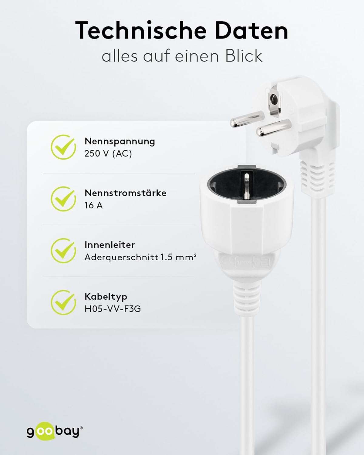 Gewinkeltes Strom Verlängerungskabel / Schutzkontakt Stecker 250V Schutzkontakt 5 Meter Stromkabel Verlängerung für Innenbereich / Schwarz / 5m