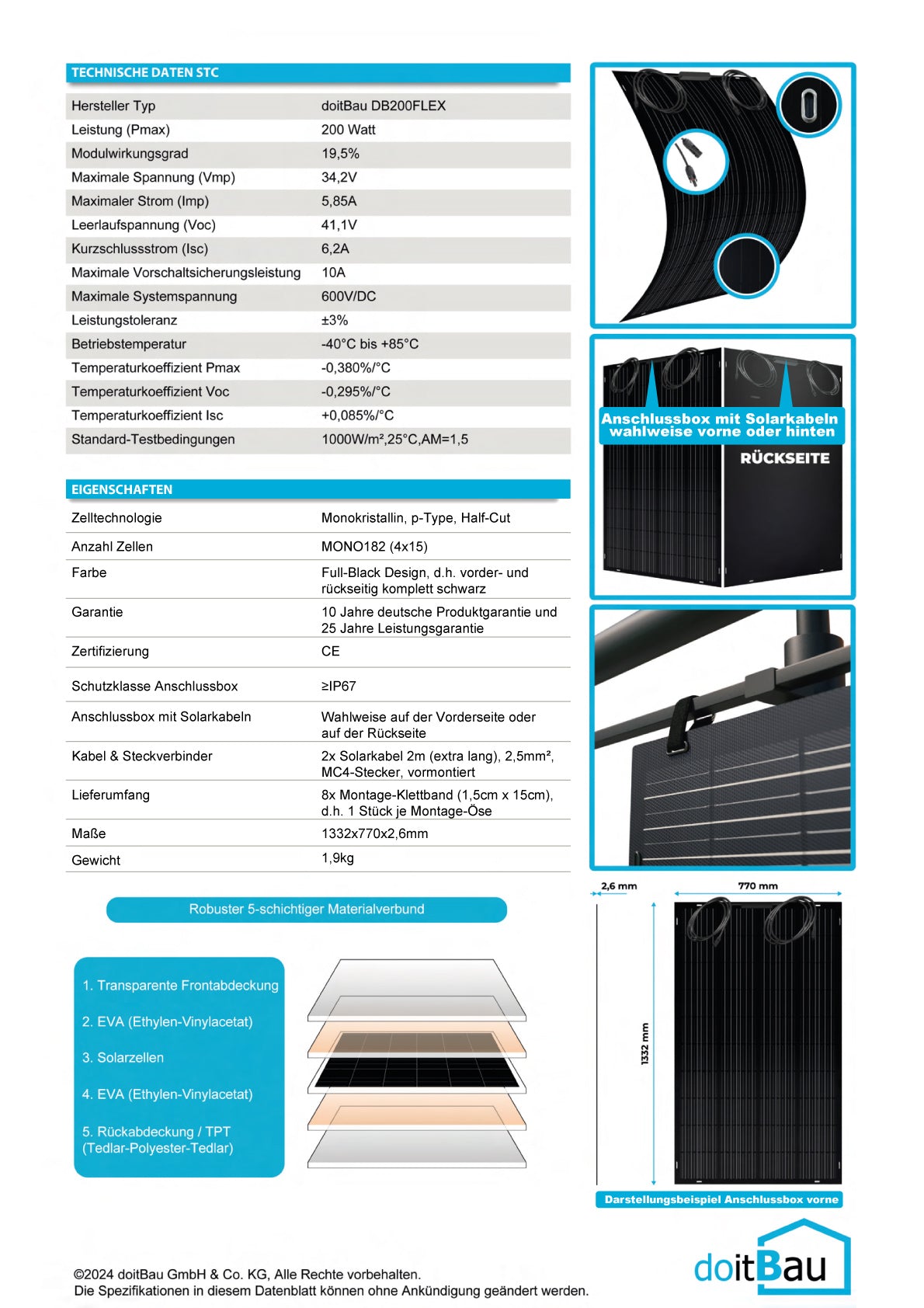 Balkonkraftwerk 800W FLEX Solarmodul Solarpanel Solaranlage Photovoltaik (Anschluss vorne)