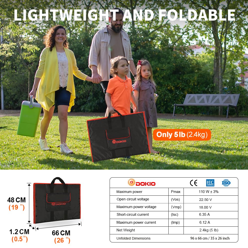 Solarpanel Faltbar 110W Monokristalline Solarmodule Tragbar mit Solarladeregler (LCD Anzeige + 2 USB Ausgang), PV Kabel (3 Meter), 5 DC Adapter